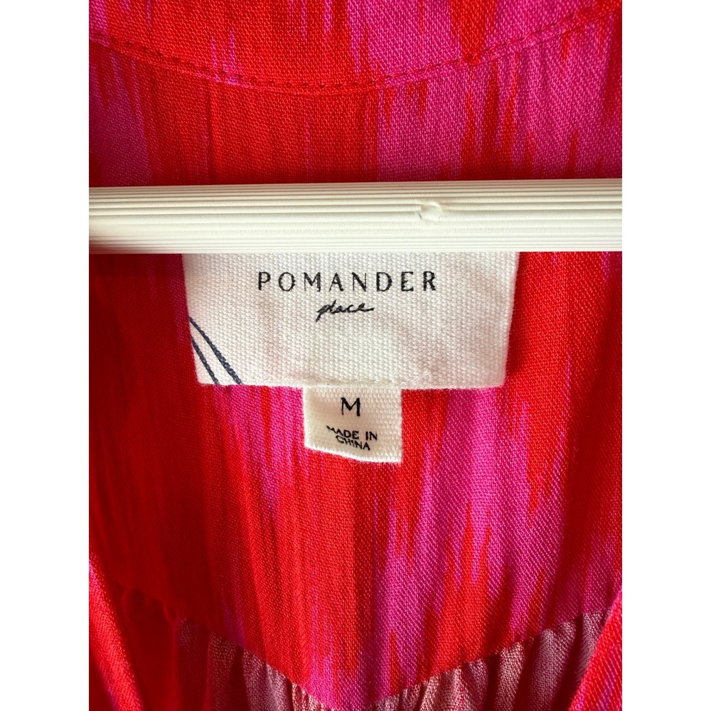 Pomander Place Pink Red Ikat Kenzo Tiered Mini Dress Smocked Cuff Womens M - Picture 2 of 7